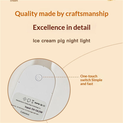 PP-D01 Ice Cream Cartoon Pig Shape Pat Light Cute Bedside Night Light 3-Level Touch 1200mAh Night Lamp