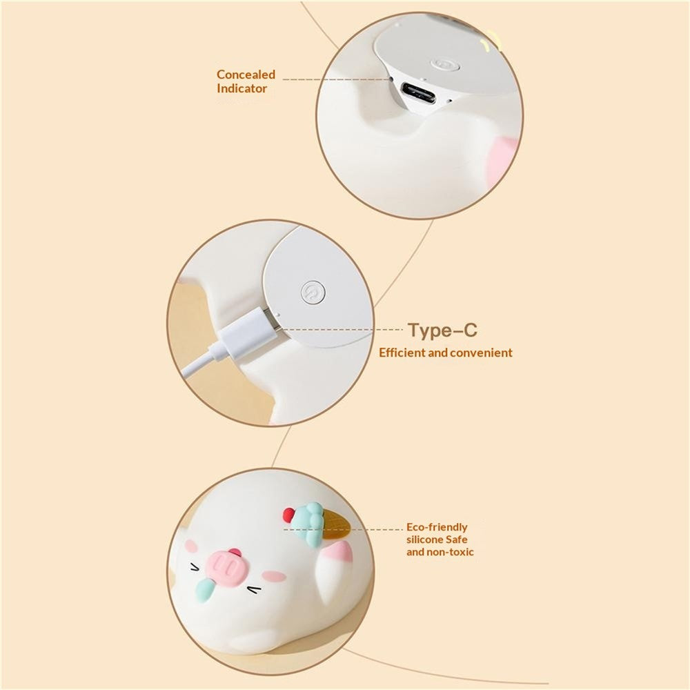 PP-D01 Ice Cream Cartoon Pig Shape Pat Light Cute Bedside Night Light 3-Level Touch 1200mAh Night Lamp