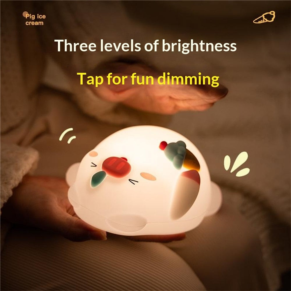 PP-D01 Ice Cream Cartoon Pig Shape Pat Light Cute Bedside Night Light 3-Level Touch 1200mAh Night Lamp