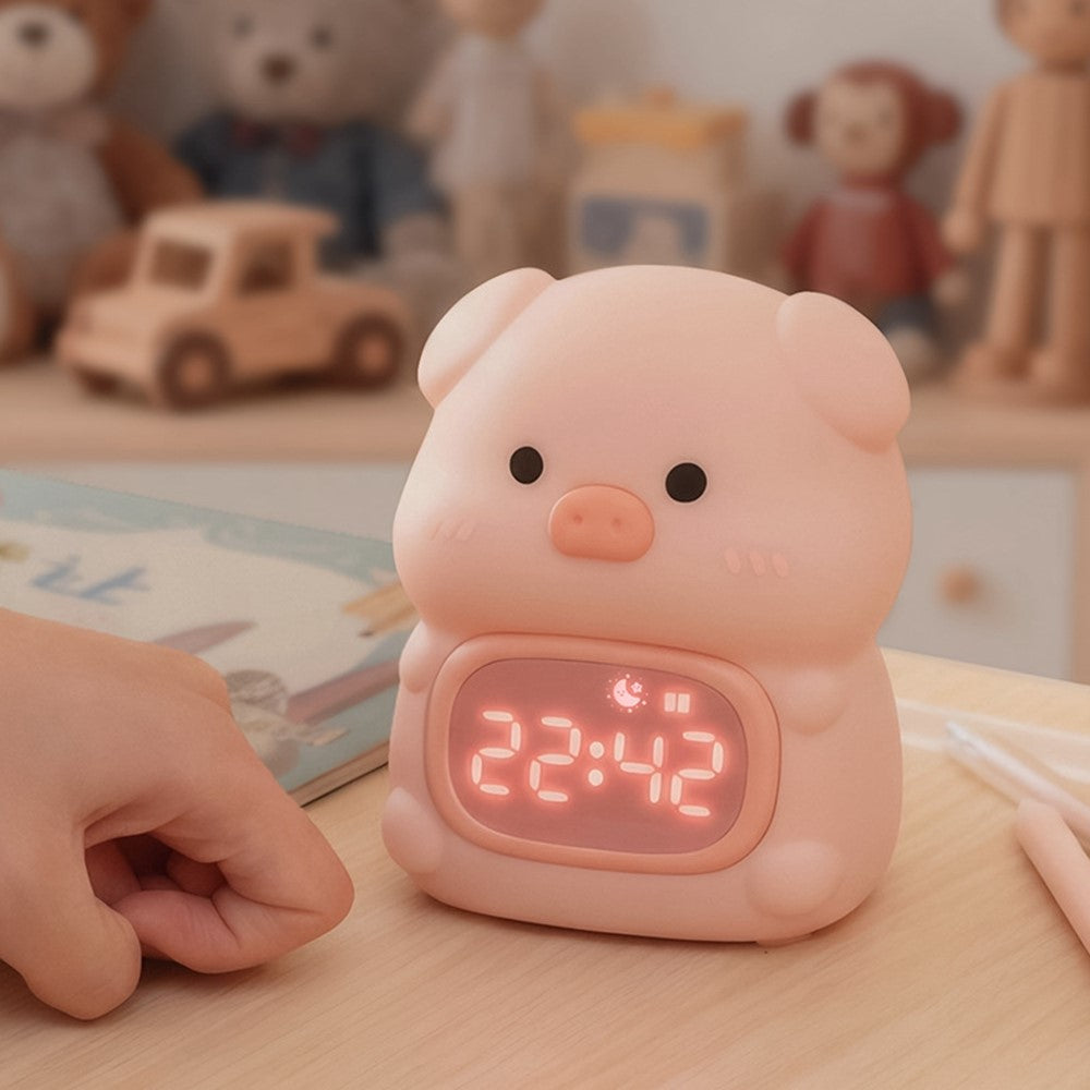 JXJB086 Cute Pig-Shaped Silicone Alarm Clock Night Light RGB Colorful  3-Brightness Levels Night Lamp for Kids Bedroom