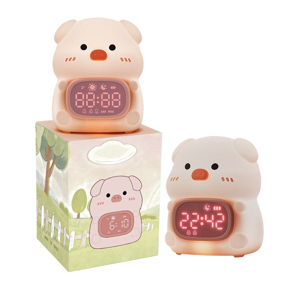 JXJB086 Cute Pig-Shaped Silicone Alarm Clock Night Light RGB Colorful  3-Brightness Levels Night Lamp for Kids Bedroom