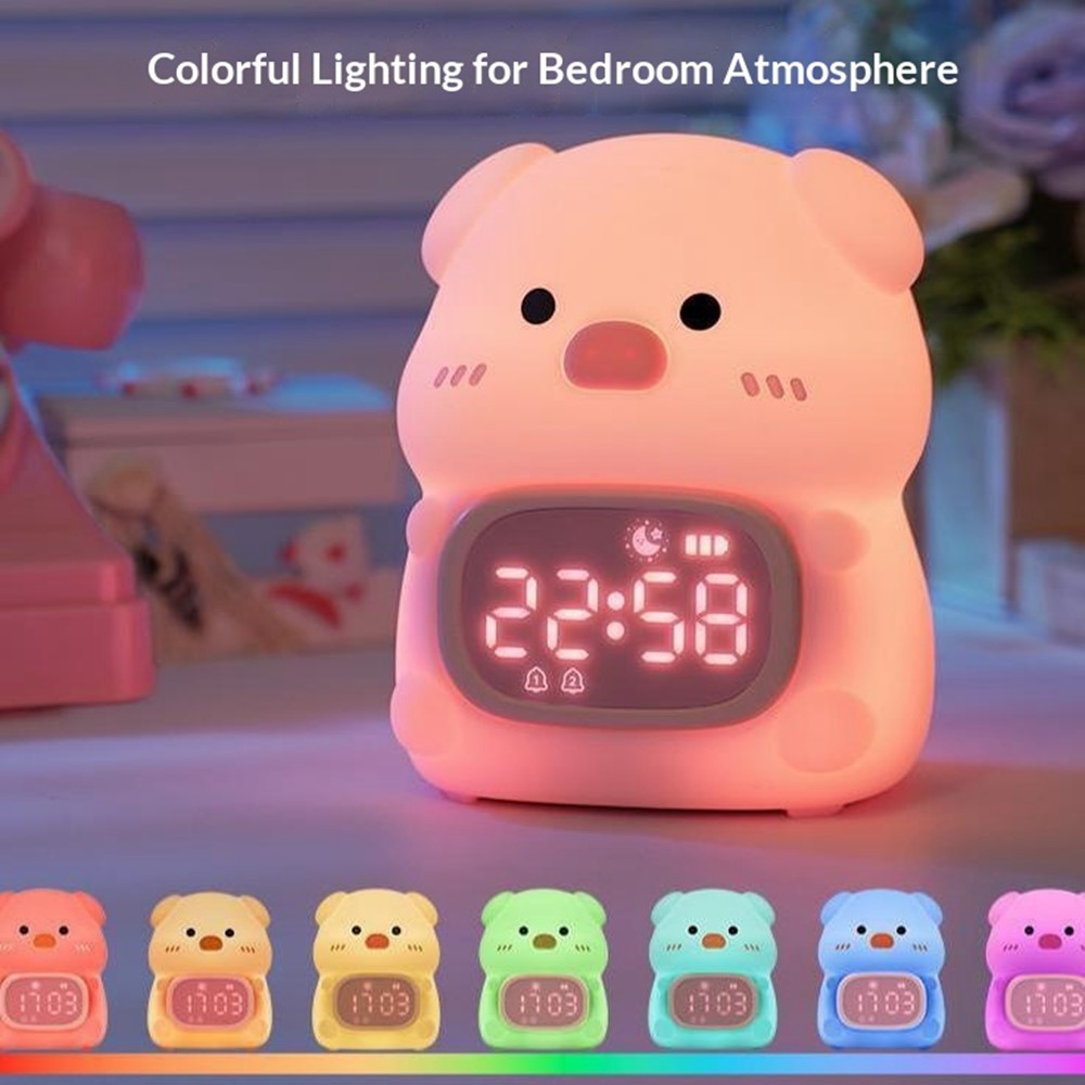 JXJB086 Cute Pig-Shaped Silicone Alarm Clock Night Light RGB Colorful  3-Brightness Levels Night Lamp for Kids Bedroom