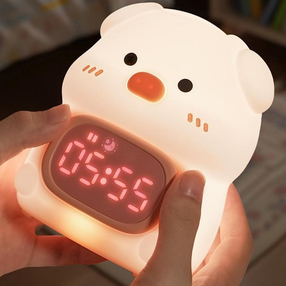 JXJB086 Cute Pig-Shaped Silicone Alarm Clock Night Light RGB Colorful  3-Brightness Levels Night Lamp for Kids Bedroom