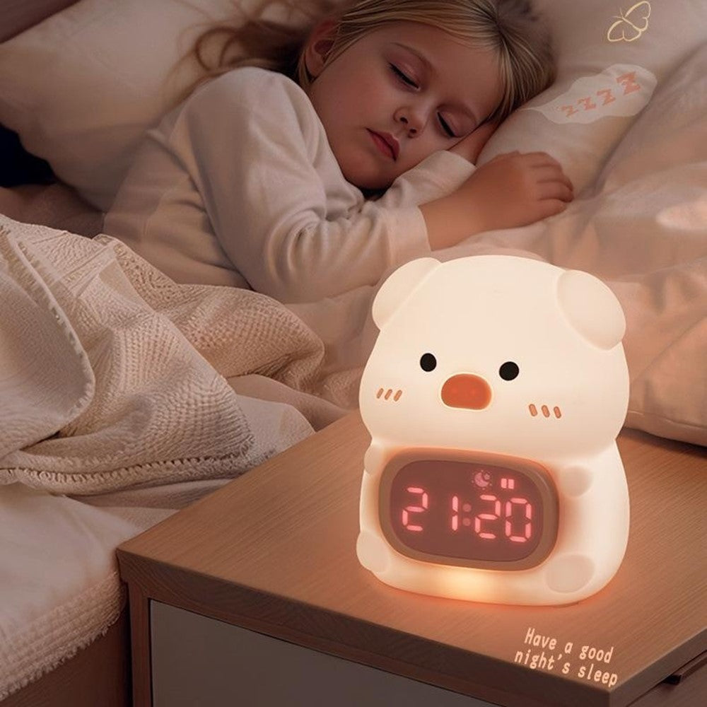 JXJB086 Cute Pig-Shaped Silicone Alarm Clock Night Light RGB Colorful  3-Brightness Levels Night Lamp for Kids Bedroom
