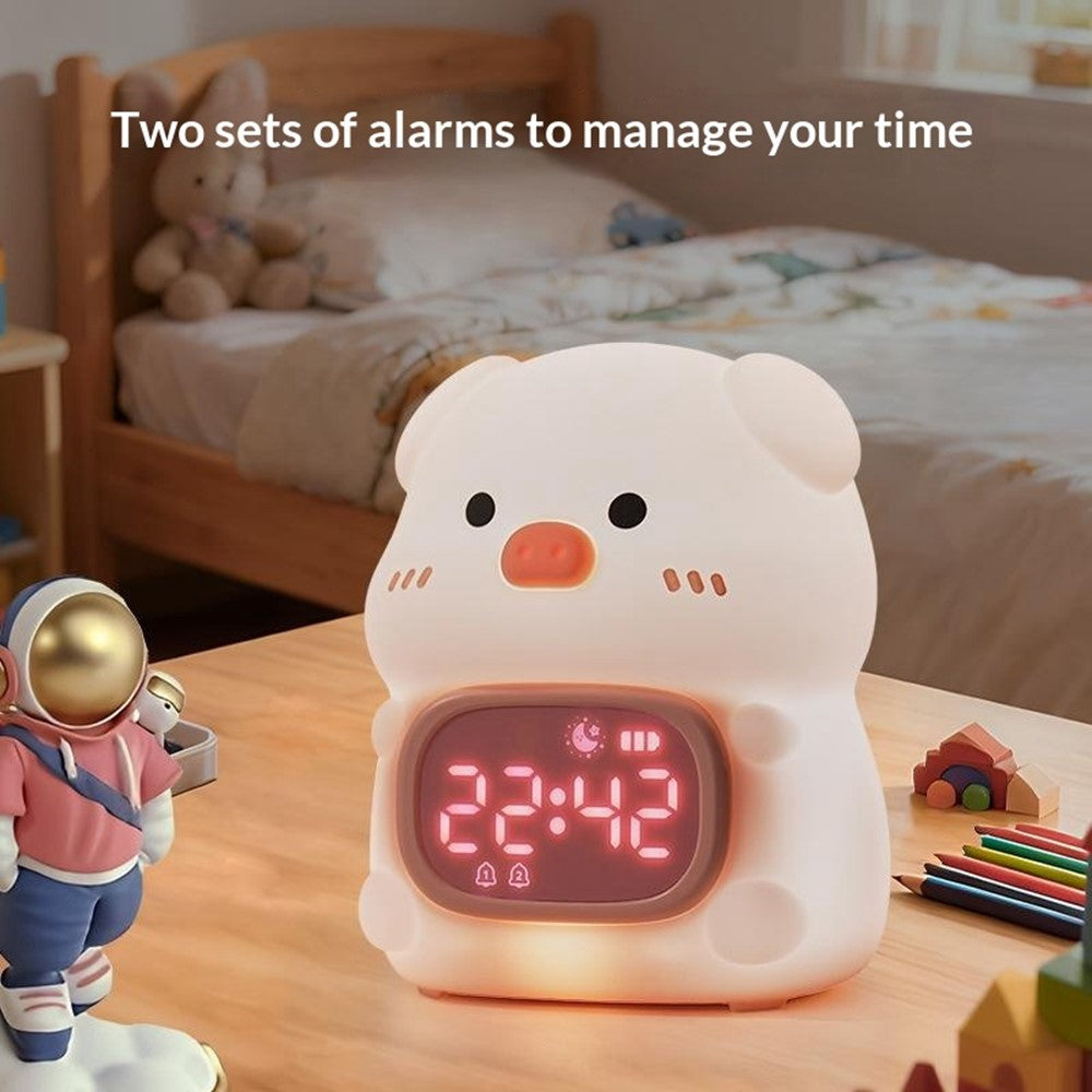 JXJB086 Cute Pig-Shaped Silicone Alarm Clock Night Light RGB Colorful  3-Brightness Levels Night Lamp for Kids Bedroom