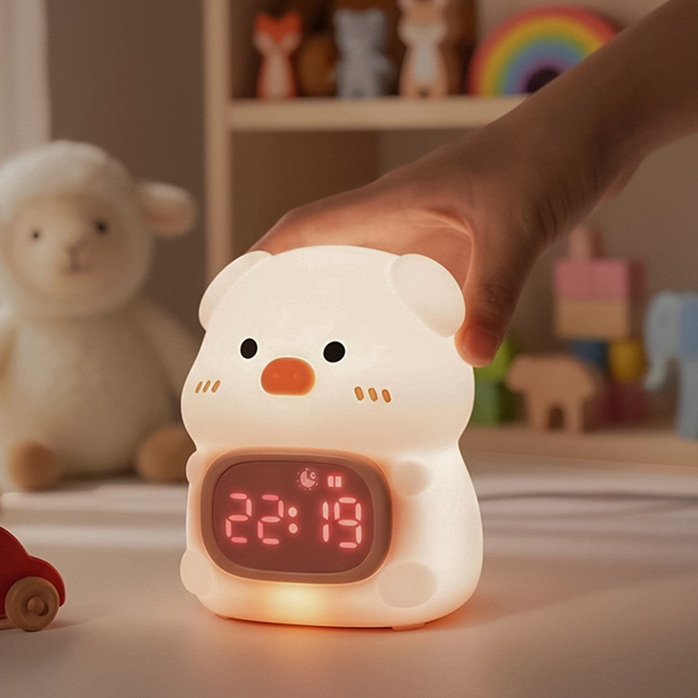 JXJB086 Cute Pig-Shaped Silicone Alarm Clock Night Light RGB Colorful  3-Brightness Levels Night Lamp for Kids Bedroom