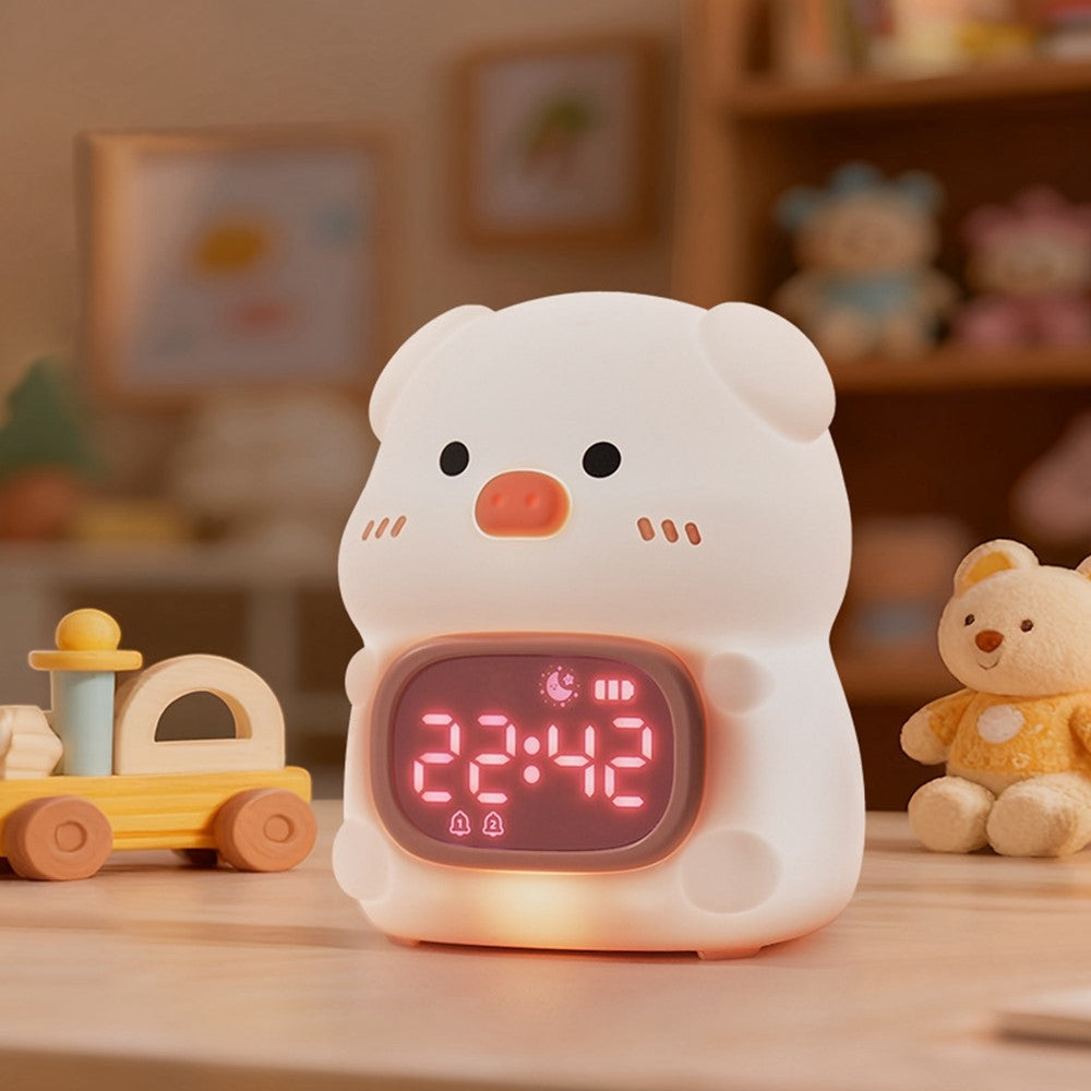 JXJB086 Cute Pig-Shaped Silicone Alarm Clock Night Light RGB Colorful  3-Brightness Levels Night Lamp for Kids Bedroom