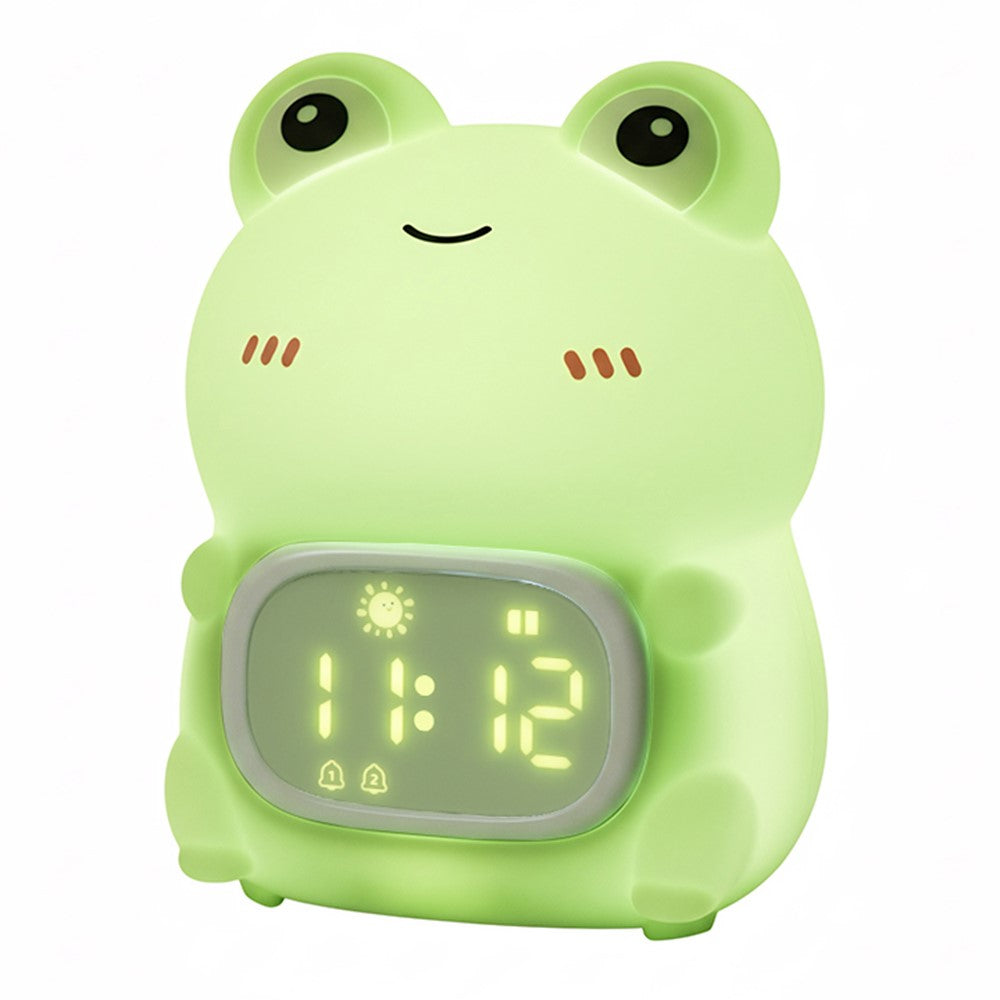 JXJB086 Cartoon Frog Alarm Clock Shaped Silicone Night Light Colorful RGB 2000mAh USB-C Rechargeable 3-Level Brightness Night Lamp for Kids Bedroom