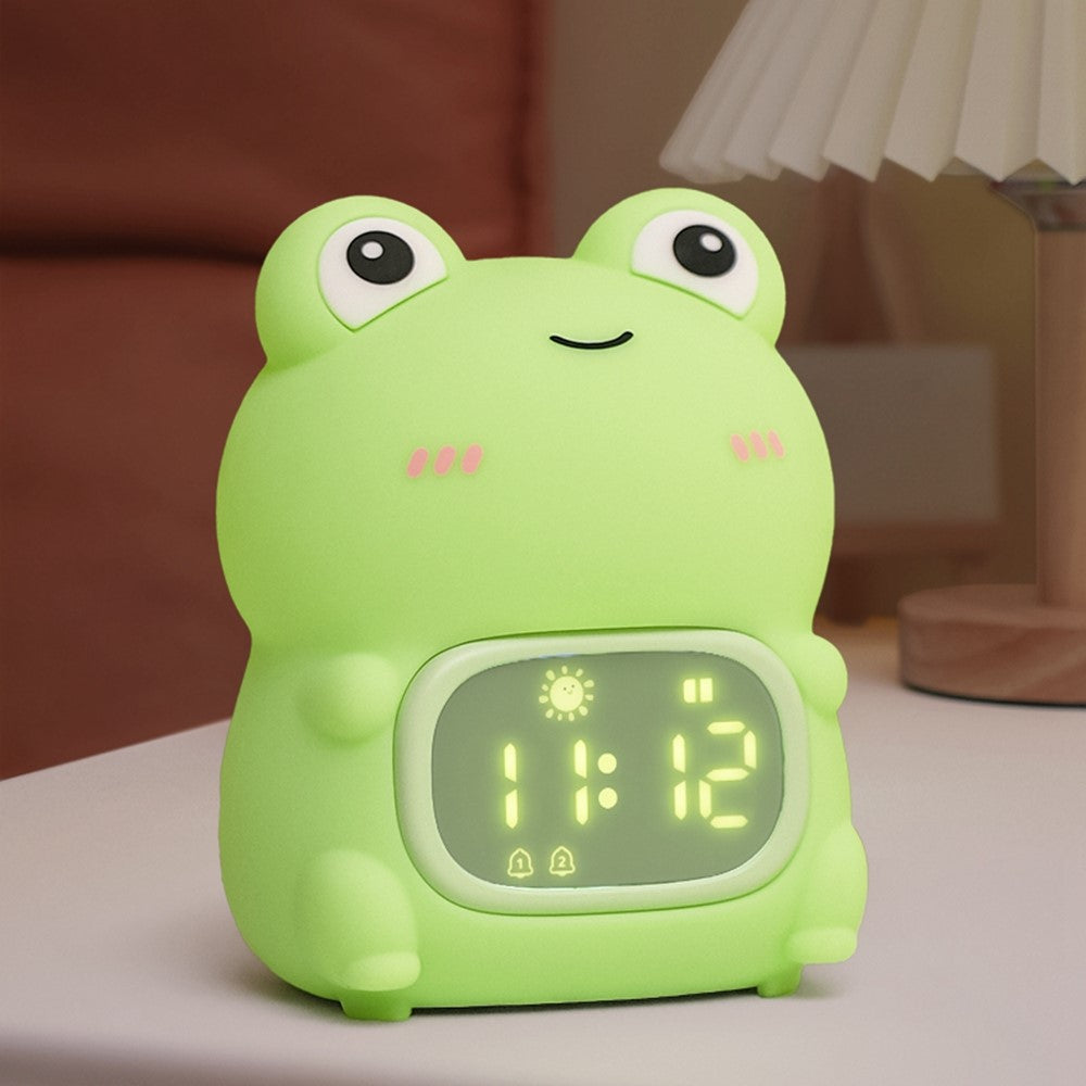 JXJB086 Cartoon Frog Alarm Clock Shaped Silicone Night Light Colorful RGB 2000mAh USB-C Rechargeable 3-Level Brightness Night Lamp for Kids Bedroom