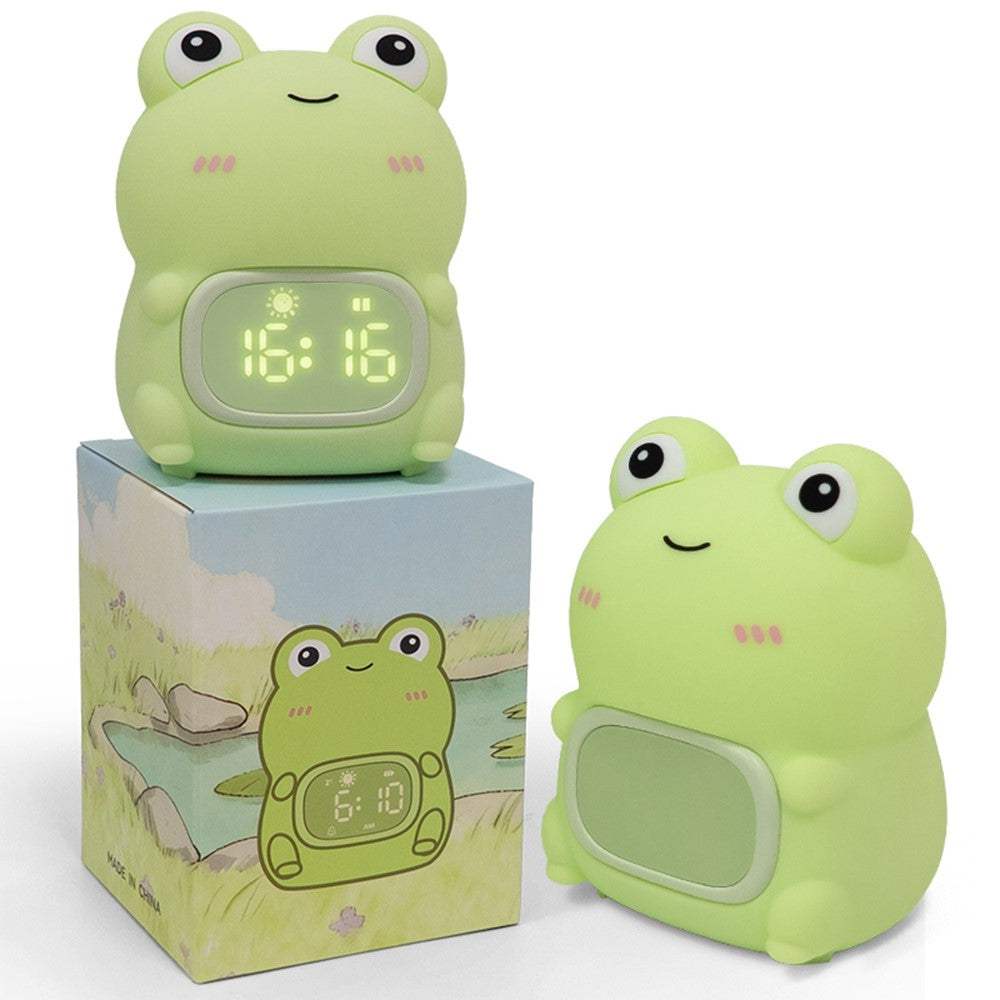 JXJB086 Cartoon Frog Alarm Clock Shaped Silicone Night Light Colorful RGB 2000mAh USB-C Rechargeable 3-Level Brightness Night Lamp for Kids Bedroom