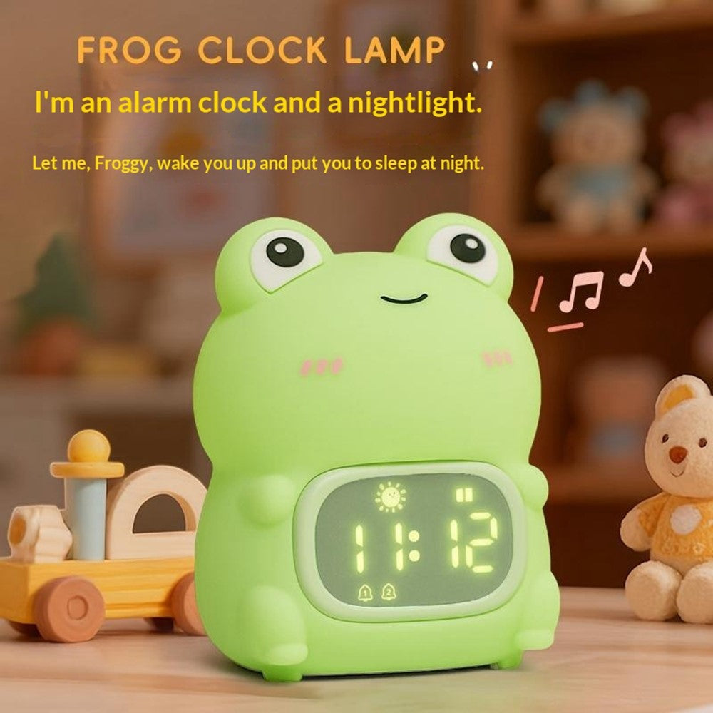 JXJB086 Cartoon Frog Alarm Clock Shaped Silicone Night Light Colorful RGB 2000mAh USB-C Rechargeable 3-Level Brightness Night Lamp for Kids Bedroom