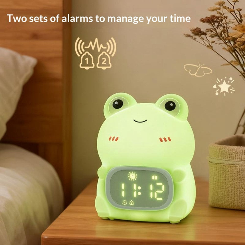 JXJB086 Cartoon Frog Alarm Clock Shaped Silicone Night Light Colorful RGB 2000mAh USB-C Rechargeable 3-Level Brightness Night Lamp for Kids Bedroom