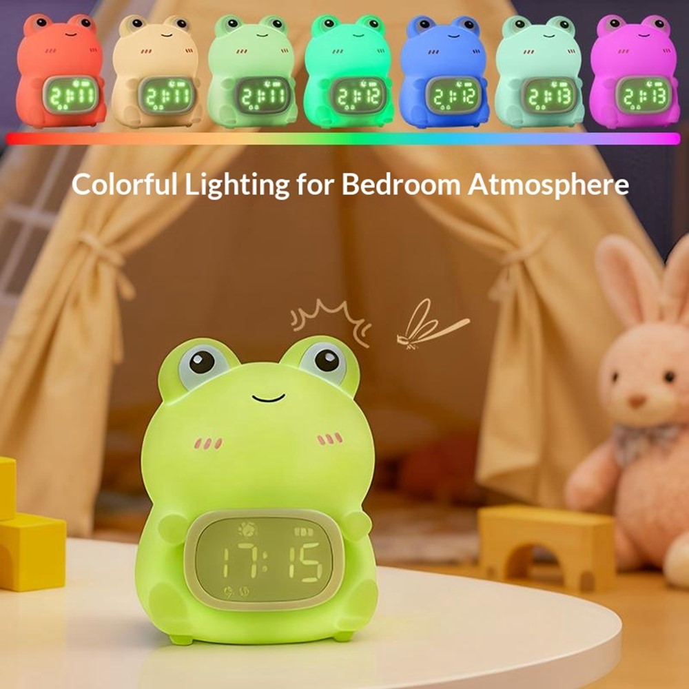 JXJB086 Cartoon Frog Alarm Clock Shaped Silicone Night Light Colorful RGB 2000mAh USB-C Rechargeable 3-Level Brightness Night Lamp for Kids Bedroom