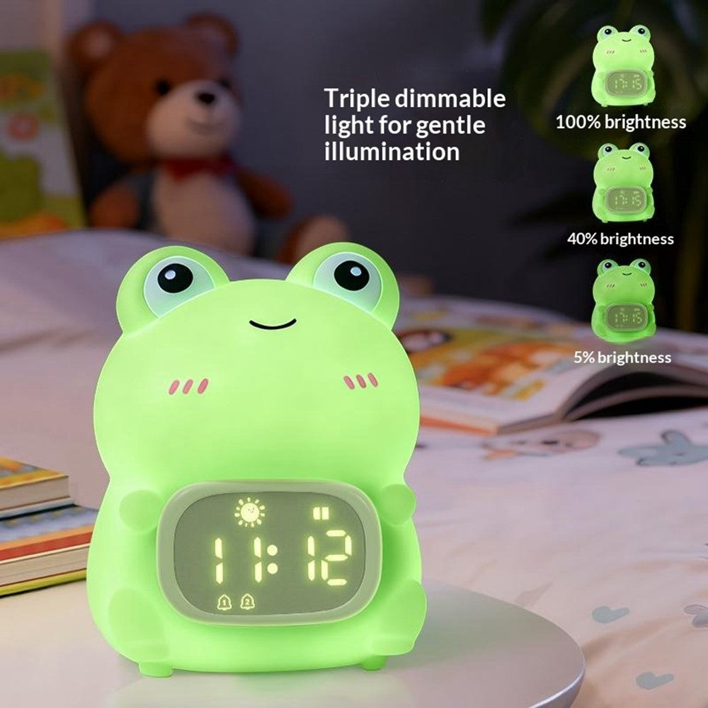 JXJB086 Cartoon Frog Alarm Clock Shaped Silicone Night Light Colorful RGB 2000mAh USB-C Rechargeable 3-Level Brightness Night Lamp for Kids Bedroom