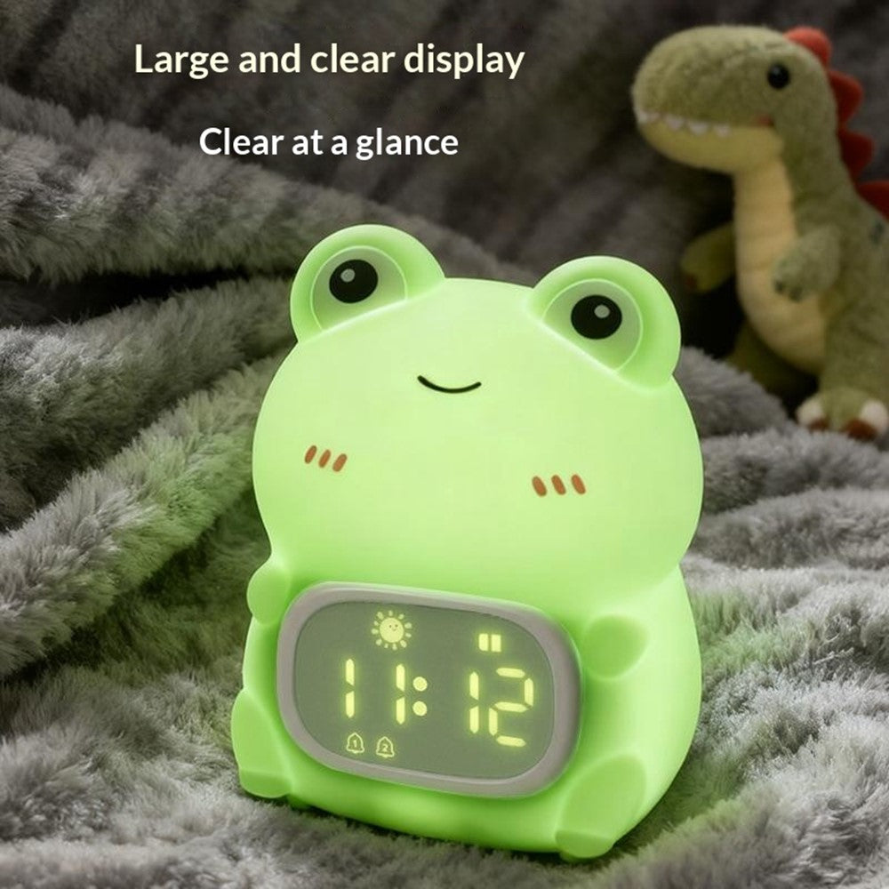 JXJB086 Cartoon Frog Alarm Clock Shaped Silicone Night Light Colorful RGB 2000mAh USB-C Rechargeable 3-Level Brightness Night Lamp for Kids Bedroom