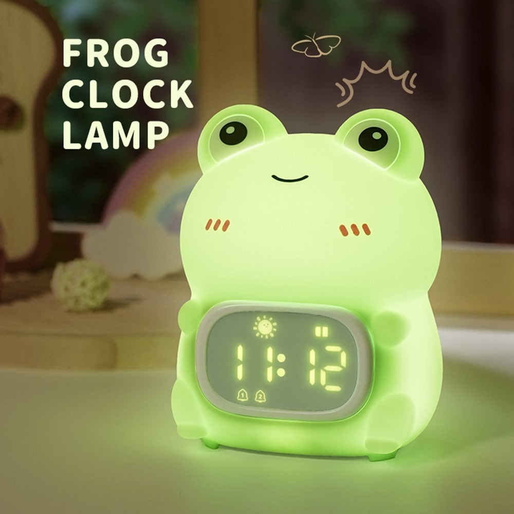 JXJB086 Cartoon Frog Alarm Clock Shaped Silicone Night Light Colorful RGB 2000mAh USB-C Rechargeable 3-Level Brightness Night Lamp for Kids Bedroom