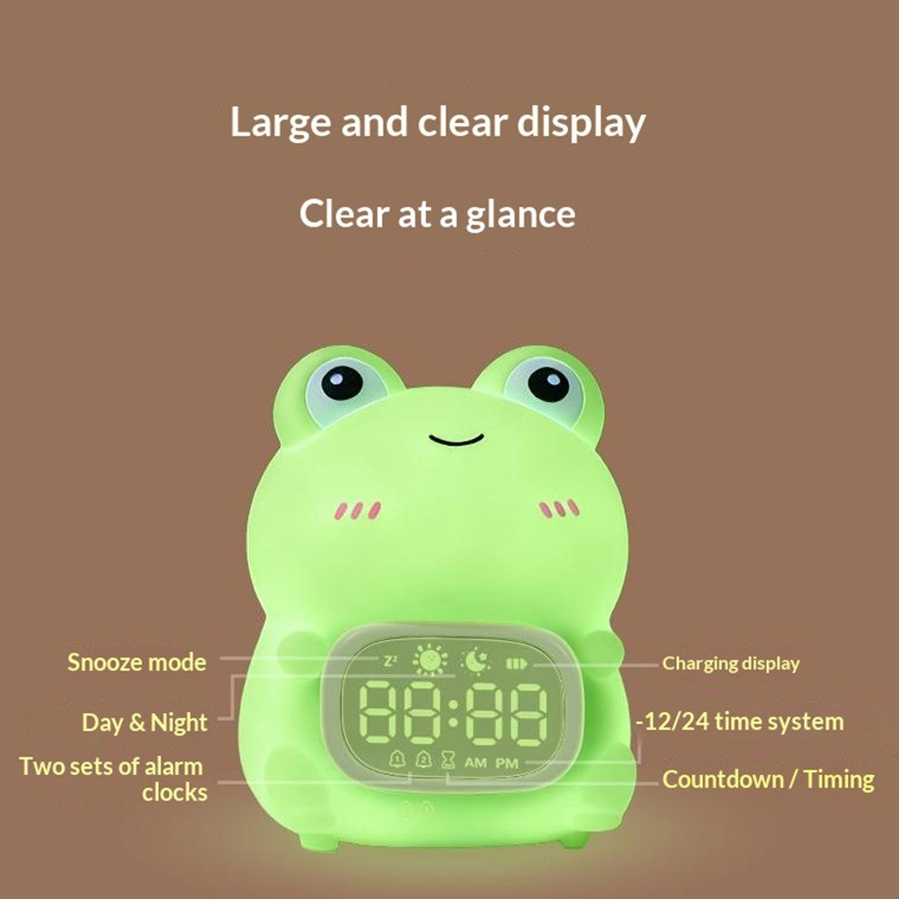 JXJB086 Cartoon Frog Alarm Clock Shaped Silicone Night Light Colorful RGB 2000mAh USB-C Rechargeable 3-Level Brightness Night Lamp for Kids Bedroom