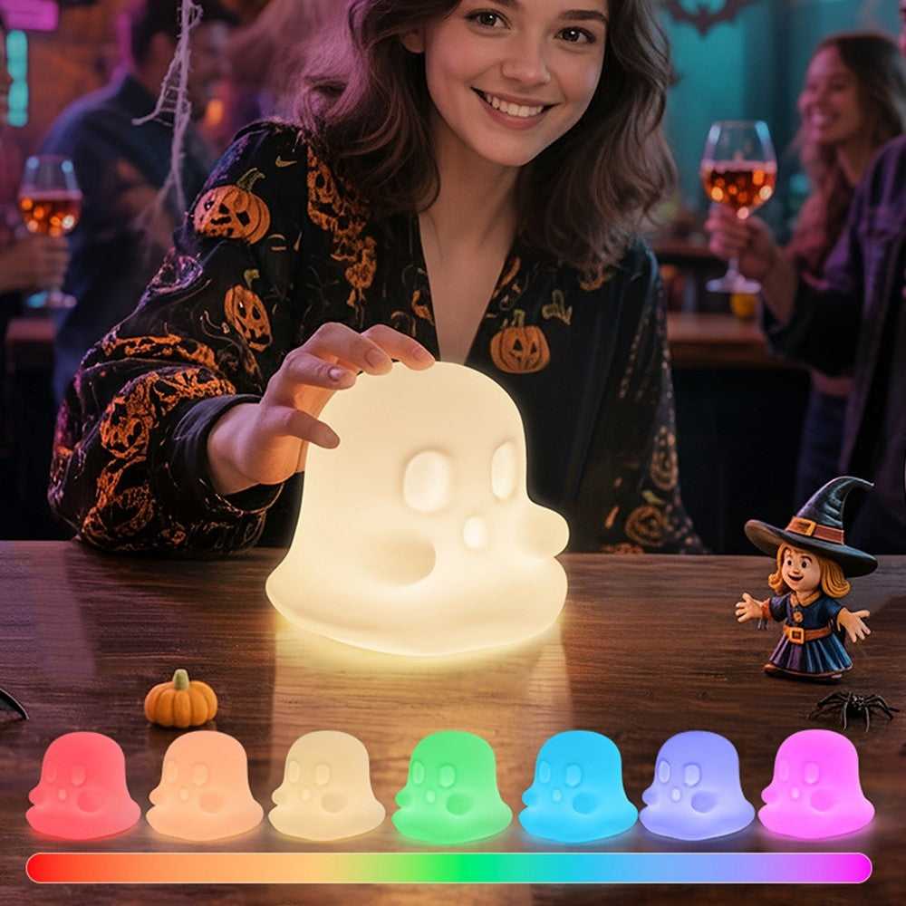 JXJA092 Ghost-Shaped Night Light 7 Colors RGB 3-Brightness Levels 1200mAh Rechargeable LED Lamp for Kids Bedroom Halloween