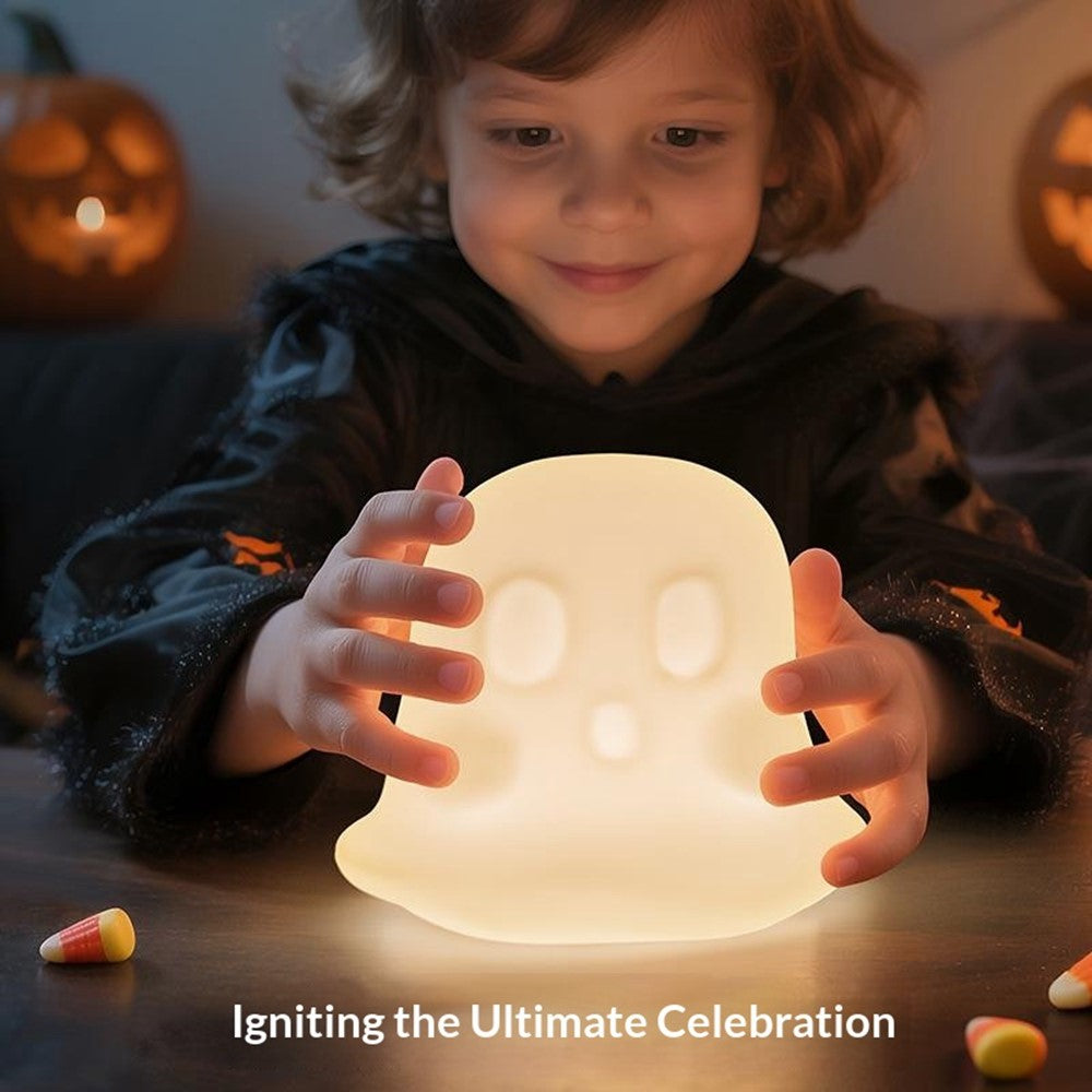 JXJA092 Ghost-Shaped Night Light 7 Colors RGB 3-Brightness Levels 1200mAh Rechargeable LED Lamp for Kids Bedroom Halloween