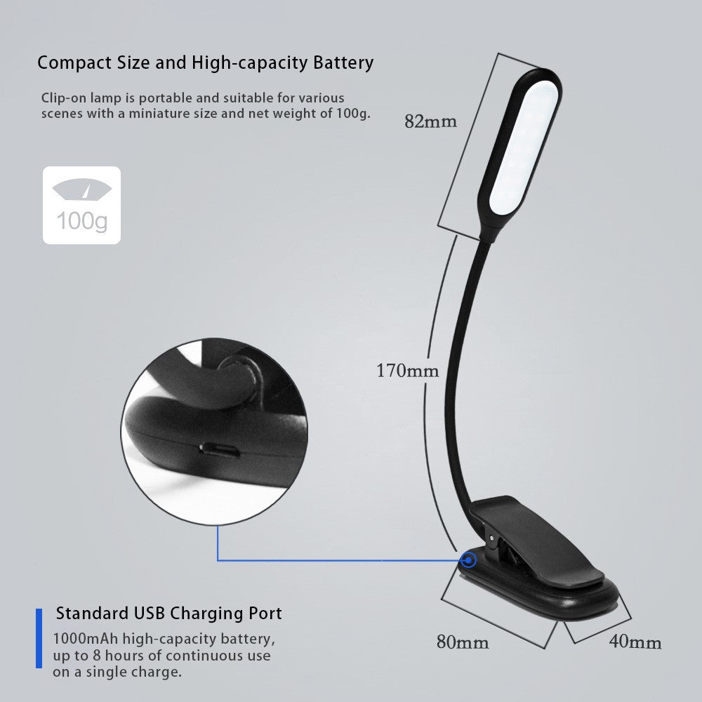 CN1001 Rechargeable LED Clip-on Book Light 3 Color Temperature ABS Reading Lamp