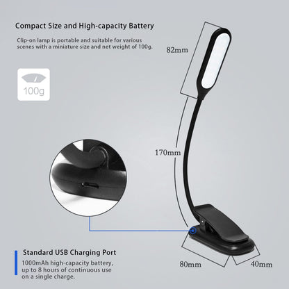 CN1001 Rechargeable LED Clip-on Book Light 3 Color Temperature ABS Reading Lamp