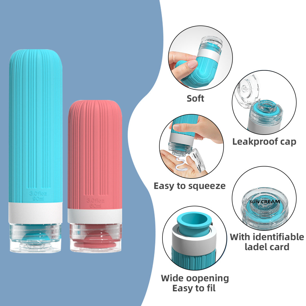 Leak Proof Travel Silicone Bottles Set 60ml 90ml Portable Containers for Shampoo Body Wash