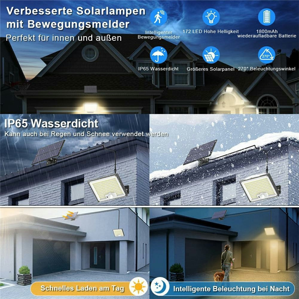 172 LED 300W Solar Powered Motion Sensor Light Outdoor Waterproof Smart Charging Wall Lamp