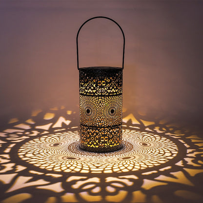 Solar Powered 3-Tier Hollow Out Projection Light Iron Art Decorative Hanging Lantern for Garden Patio