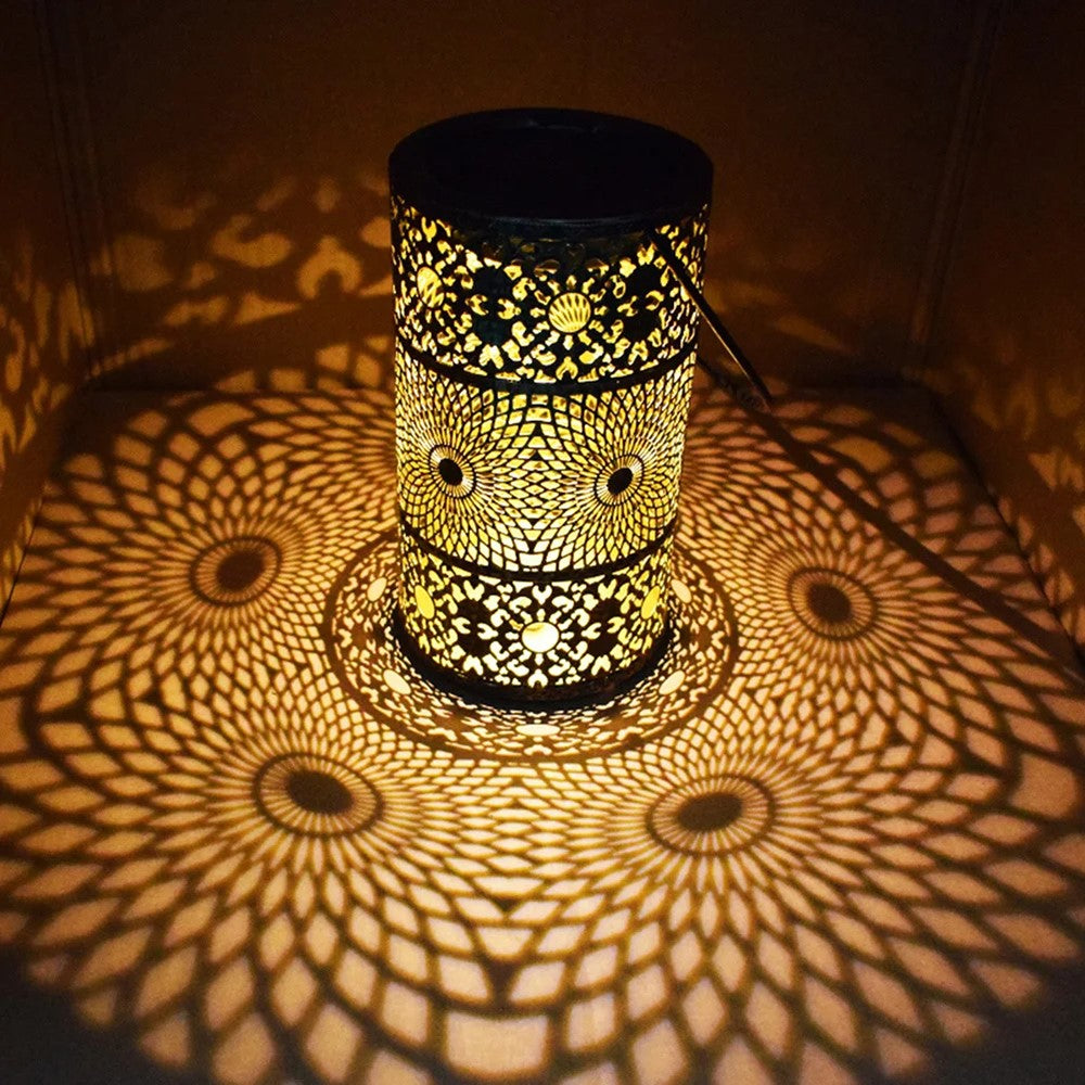 Solar Powered 3-Tier Hollow Out Projection Light Iron Art Decorative Hanging Lantern for Garden Patio