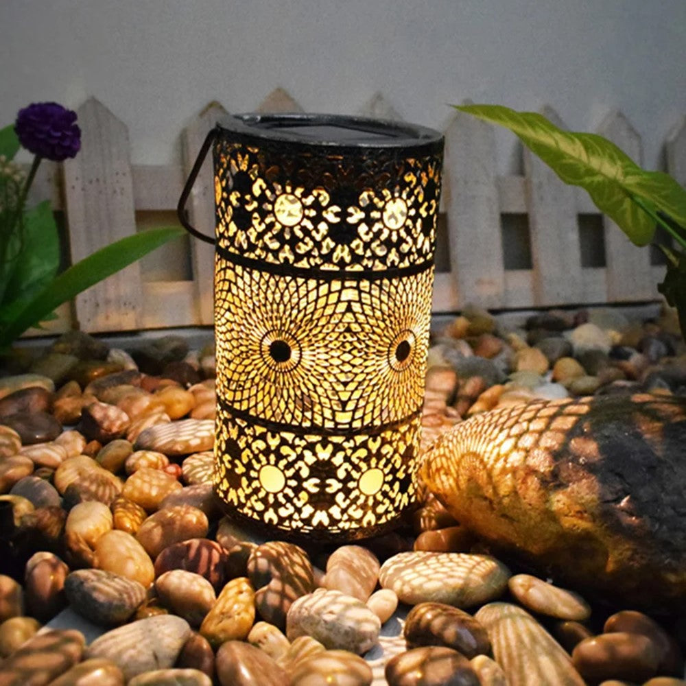 Solar Powered 3-Tier Hollow Out Projection Light Iron Art Decorative Hanging Lantern for Garden Patio