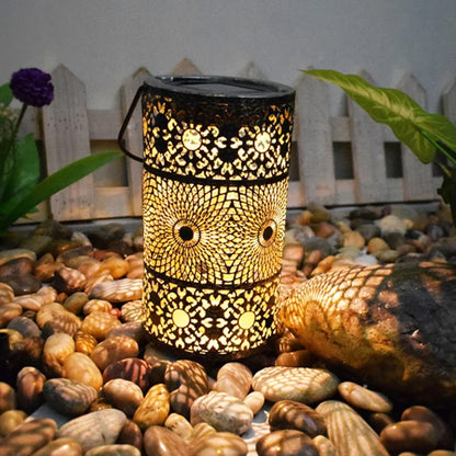 Solar Powered 3-Tier Hollow Out Projection Light Iron Art Decorative Hanging Lantern for Garden Patio
