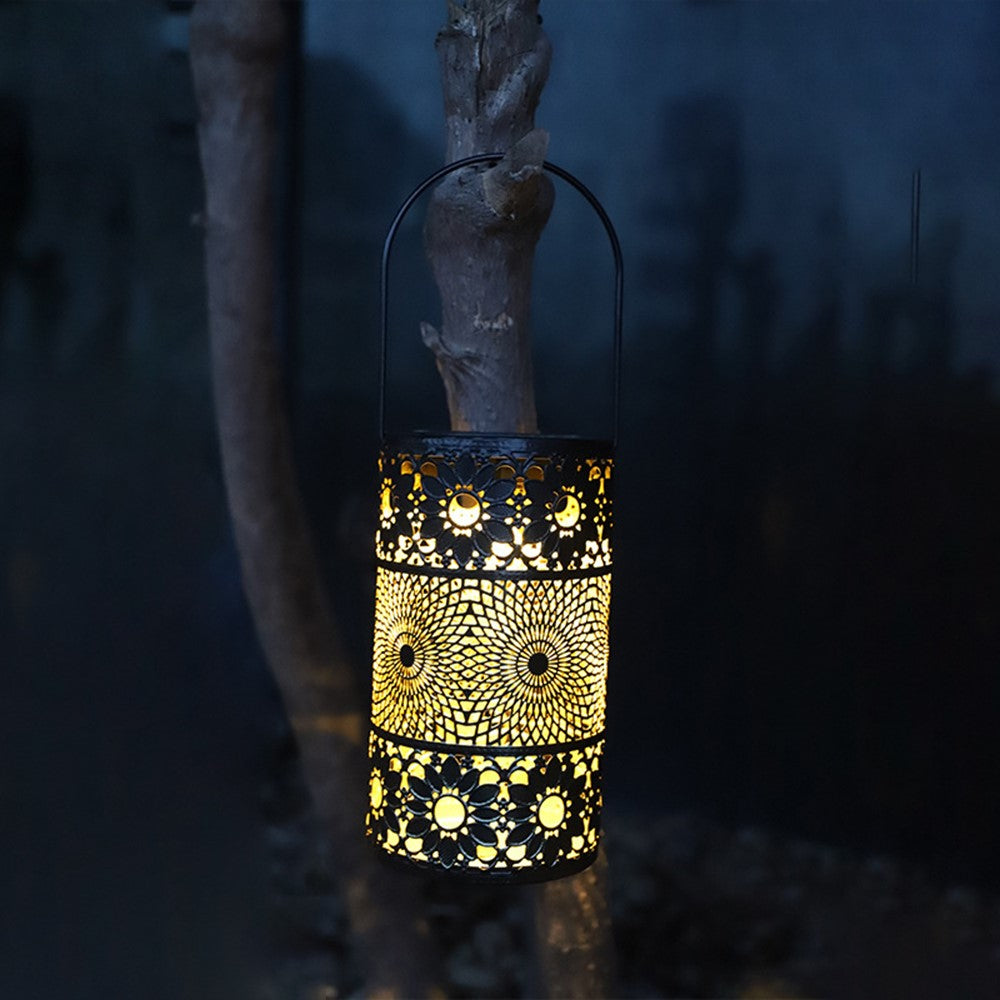 Solar Powered 3-Tier Hollow Out Projection Light Iron Art Decorative Hanging Lantern for Garden Patio
