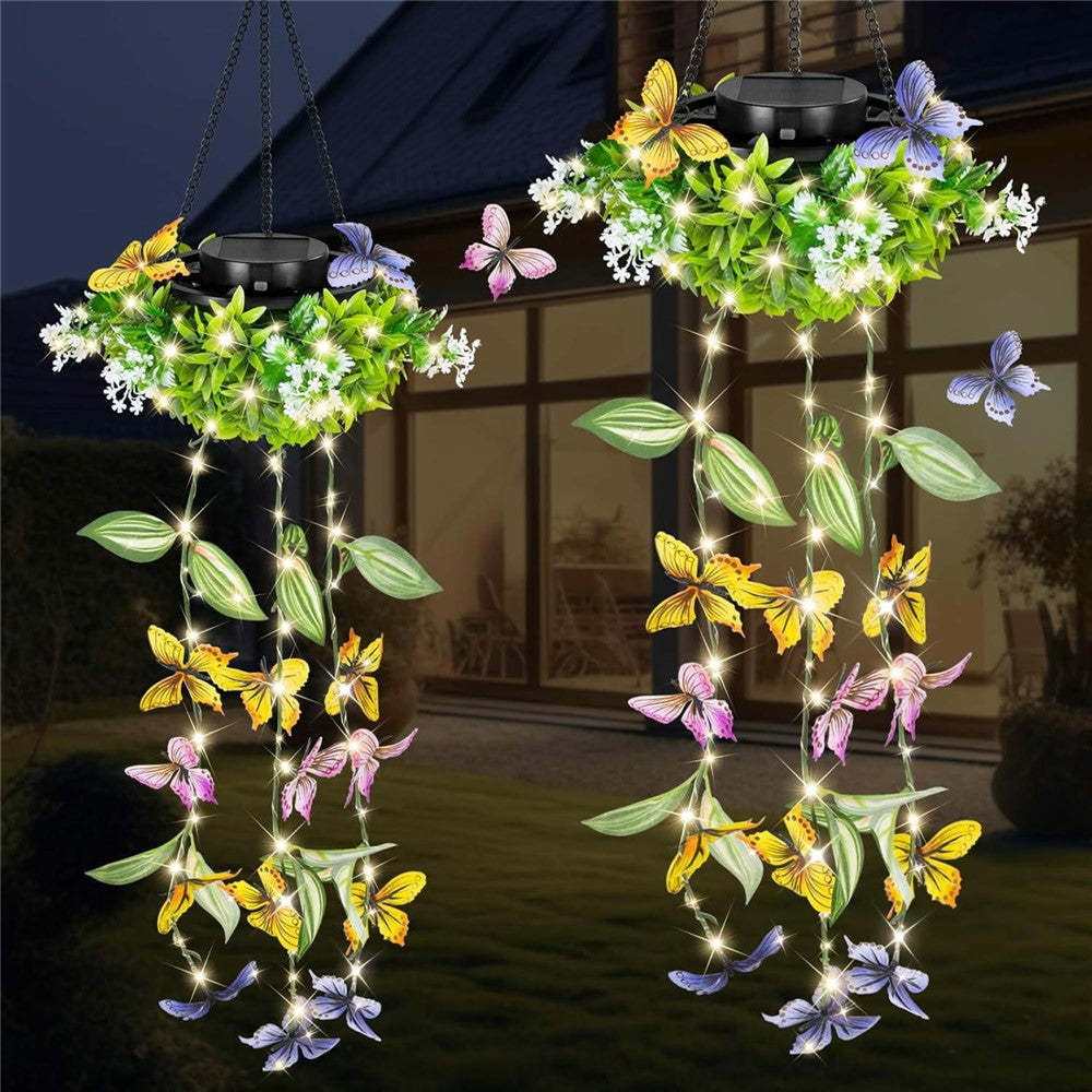 2Pcs Outdoor Solar Powered Butterfly Vine Lights Waterproof Artificial Hanging Plants Garden Patio Decor