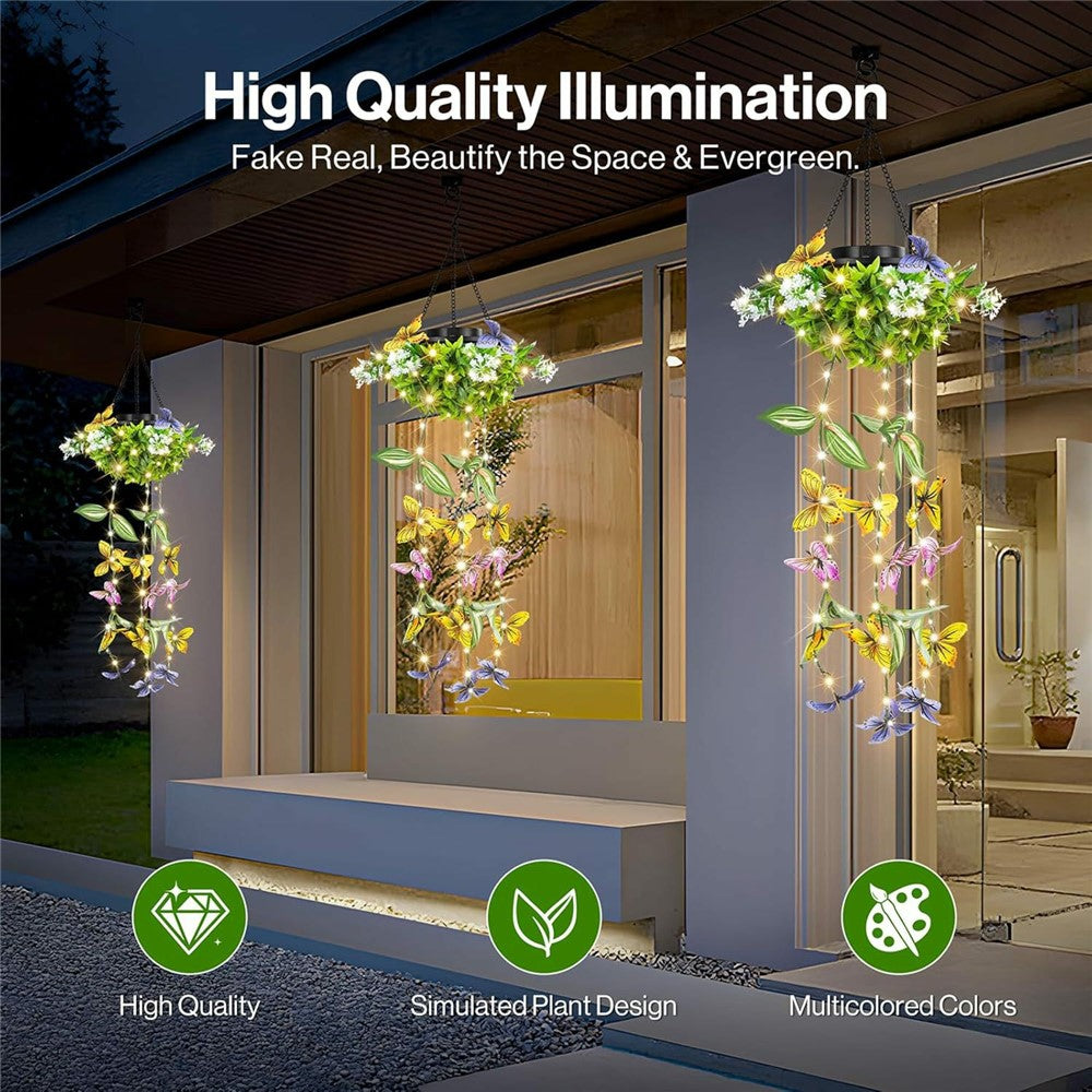 2Pcs Outdoor Solar Powered Butterfly Vine Lights Waterproof Artificial Hanging Plants Garden Patio Decor