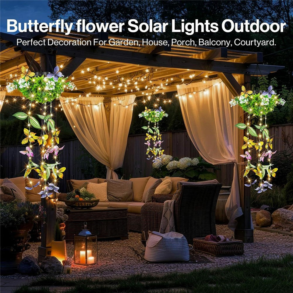 2Pcs Outdoor Solar Powered Butterfly Vine Lights Waterproof Artificial Hanging Plants Garden Patio Decor