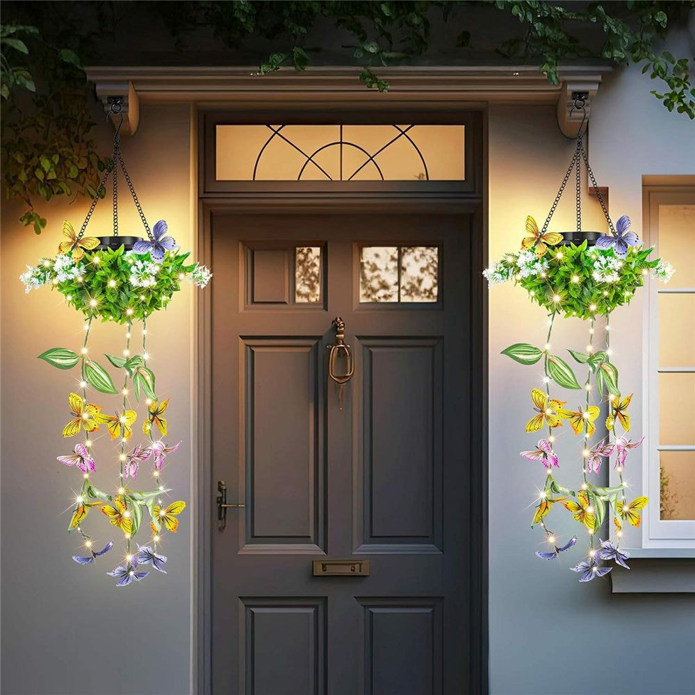 2Pcs Outdoor Solar Powered Butterfly Vine Lights Waterproof Artificial Hanging Plants Garden Patio Decor