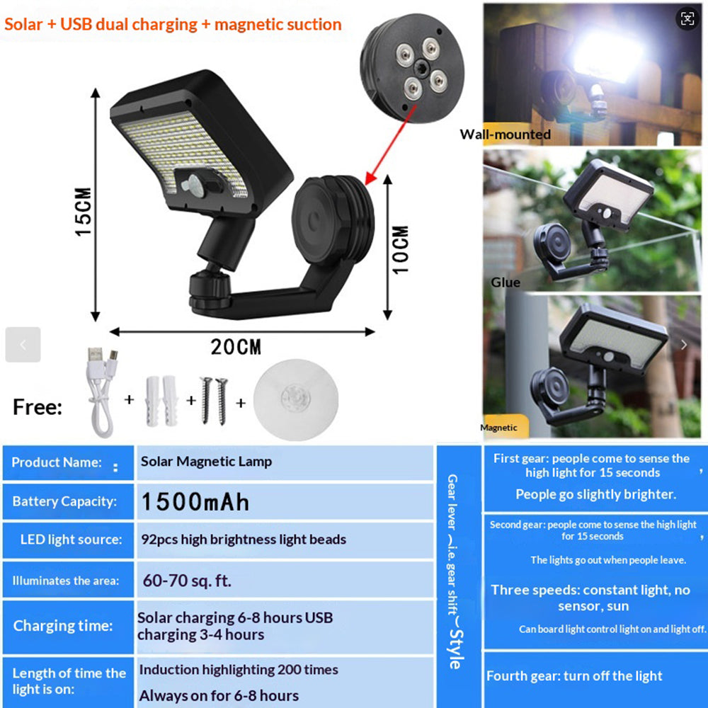 CCP0144 92-LED Motion Sensor Magnetic Wall Light IP65 Waterproof Outdoor Garden Solar Lamp