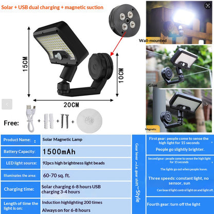 CCP0144 92-LED Motion Sensor Magnetic Wall Light IP65 Waterproof Outdoor Garden Solar Lamp
