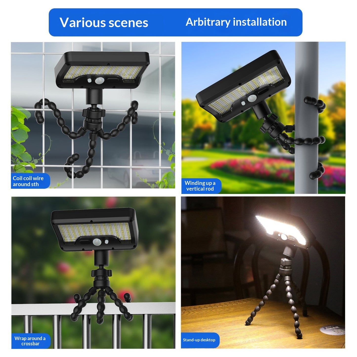 Waterproof 92-LED Solar Garden Light Outdoor Motion Sensor Path Wall Light with Flexible Octopus Mount