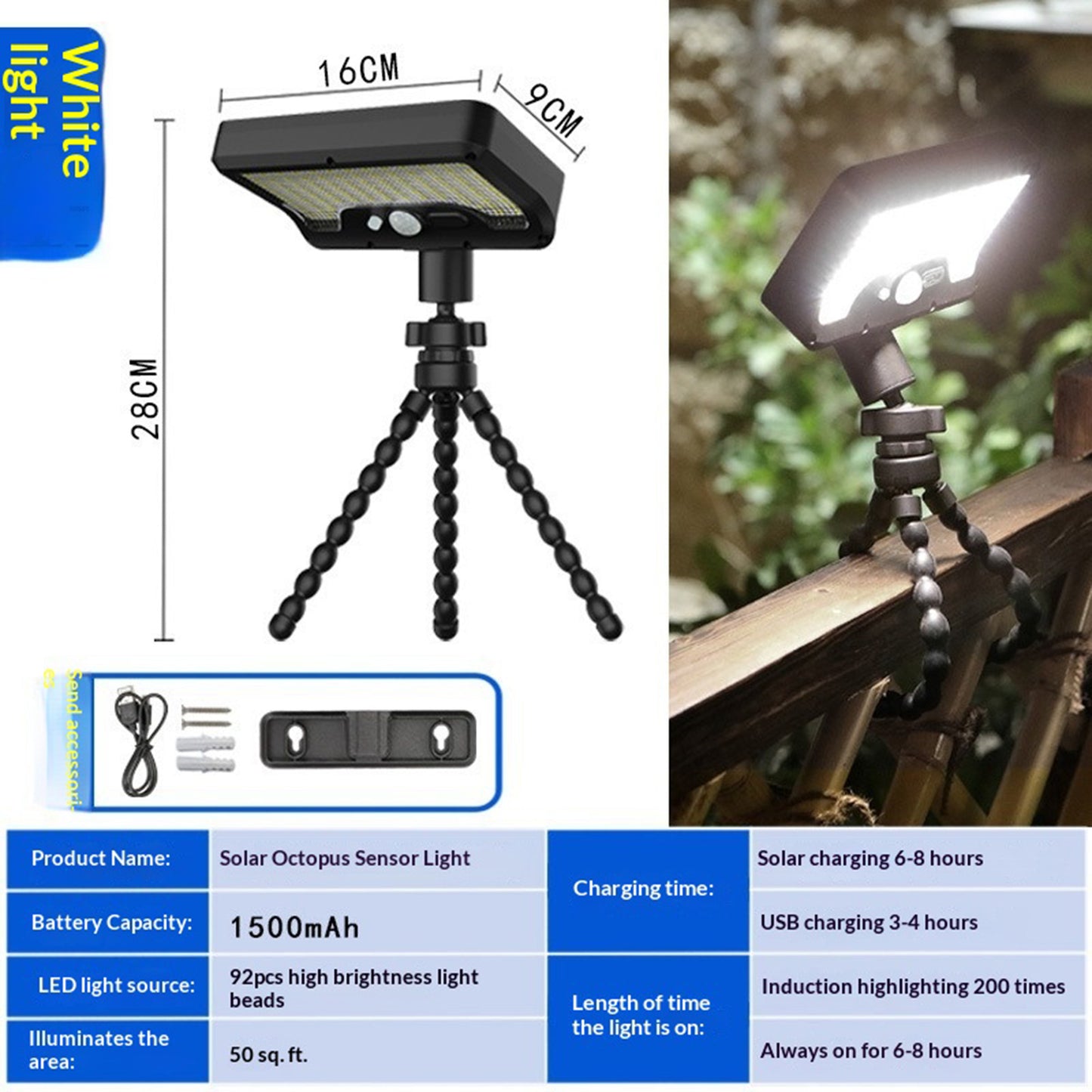 Waterproof 92-LED Solar Garden Light Outdoor Motion Sensor Path Wall Light with Flexible Octopus Mount