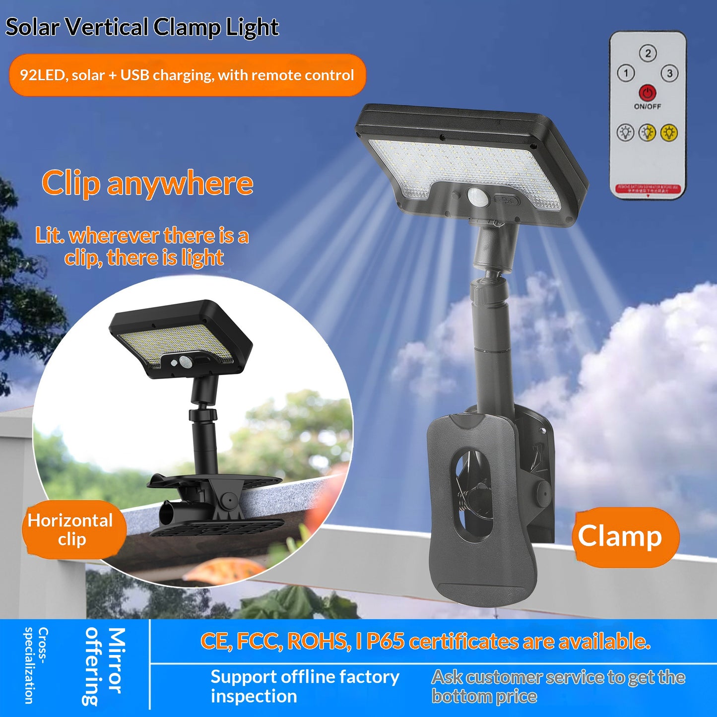 Solar Powered Garden Light IP65 Waterproof 92-LED PIR Motion Sensor Clip-on Outdoor Yard Lamp