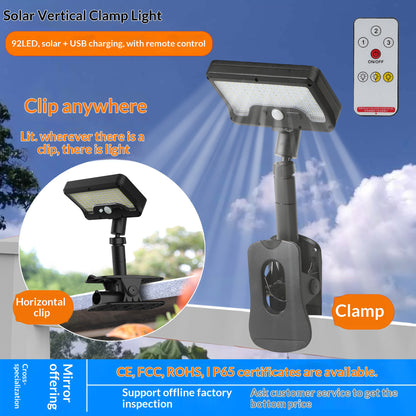 Solar Powered Garden Light IP65 Waterproof 92-LED PIR Motion Sensor Clip-on Outdoor Yard Lamp