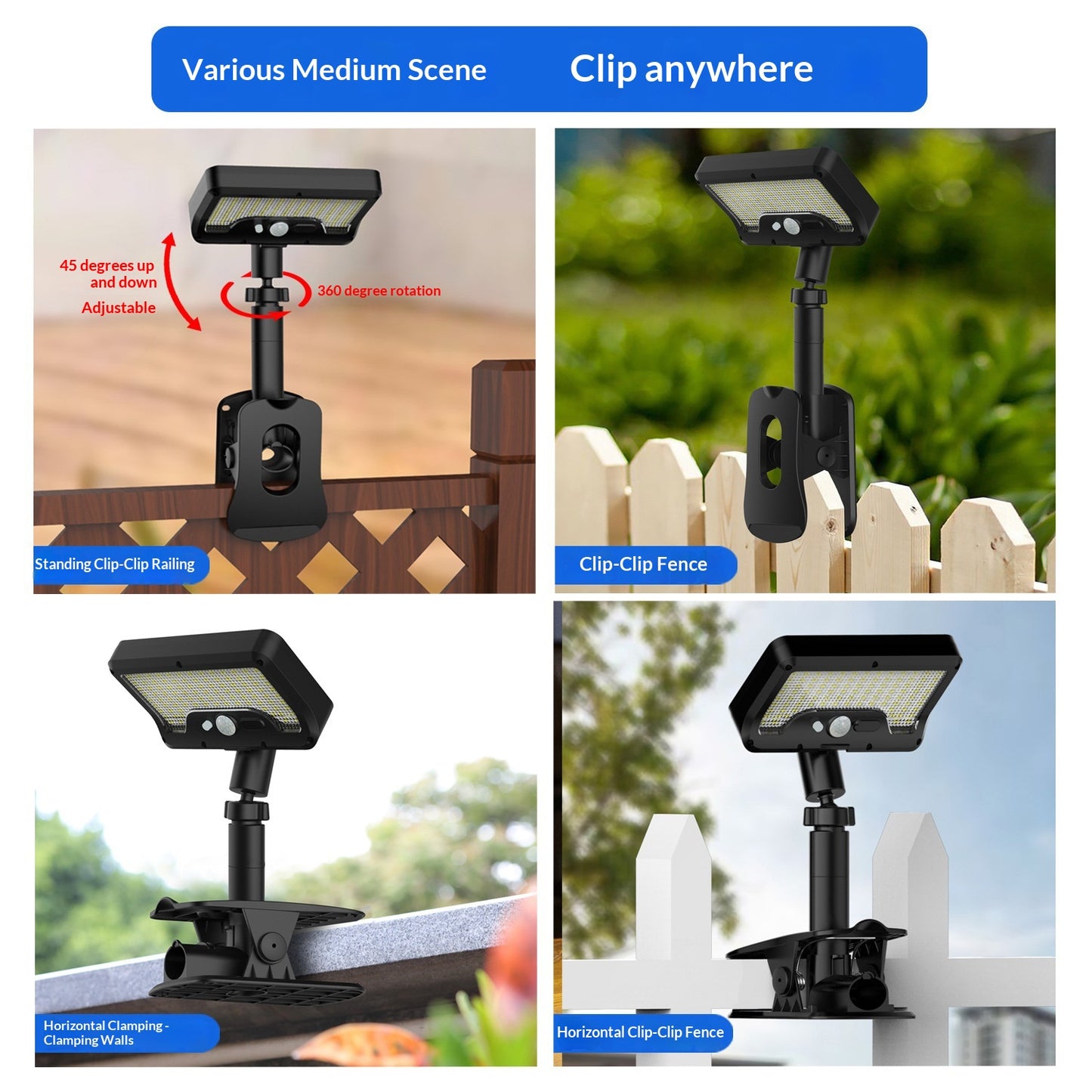 Solar Powered Garden Light IP65 Waterproof 92-LED PIR Motion Sensor Clip-on Outdoor Yard Lamp