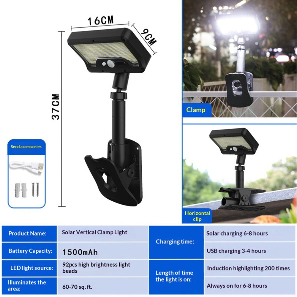 Solar Powered Garden Light IP65 Waterproof 92-LED PIR Motion Sensor Clip-on Outdoor Yard Lamp