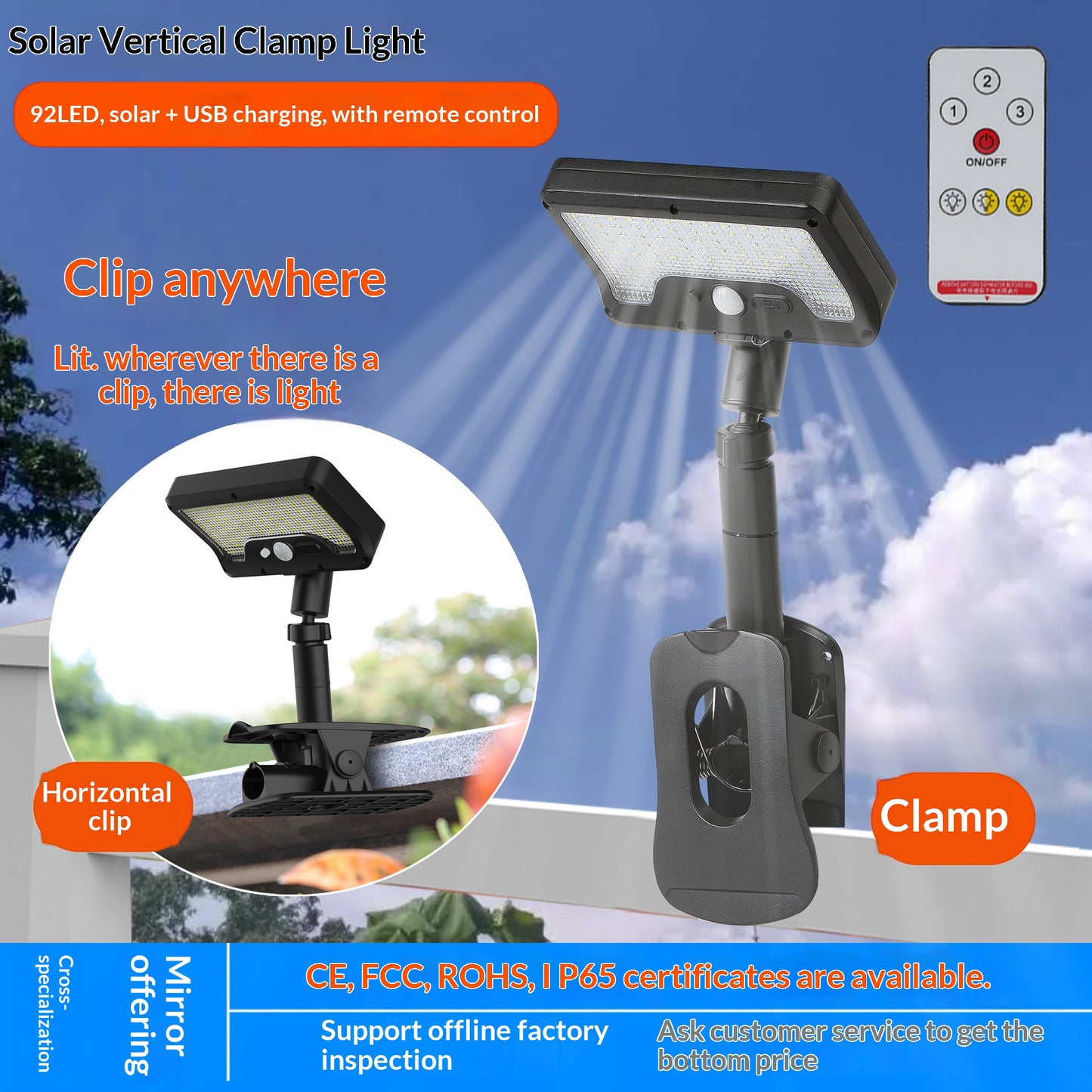 IP65 Waterproof Solar Outdoor Light PIR Motion Sensor LED Garden Light with Clamp for Yard