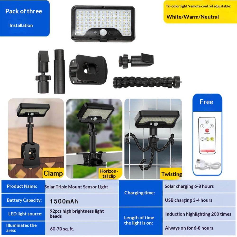 P21 Solar Motion Sensor Light IP65 Waterproof 92 LEDs Outdoor Garden Clamp Lamp with Octopus Mount