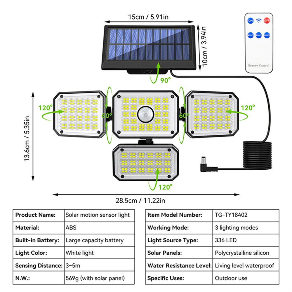 TG-TY18402 Solar Motion Sensor Light 4 Heads 336 LED 2000mAh Wall Lamp for Outdoor Garden Garage