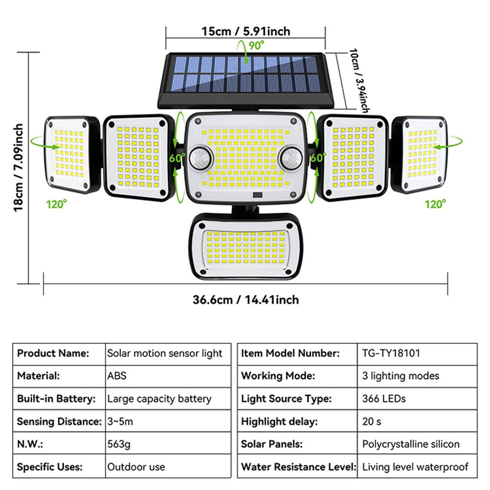 TG-TY18101 366-LED Solar Motion Sensor Wall Light 270° Wide Angle IP44 Waterproof Wall Lamp for Outdoor Garden