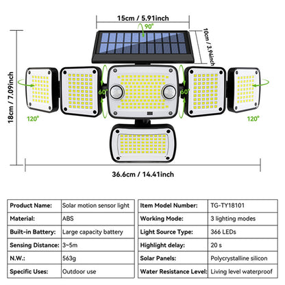 TG-TY18101 366-LED Solar Motion Sensor Wall Light 270° Wide Angle IP44 Waterproof Wall Lamp for Outdoor Garden