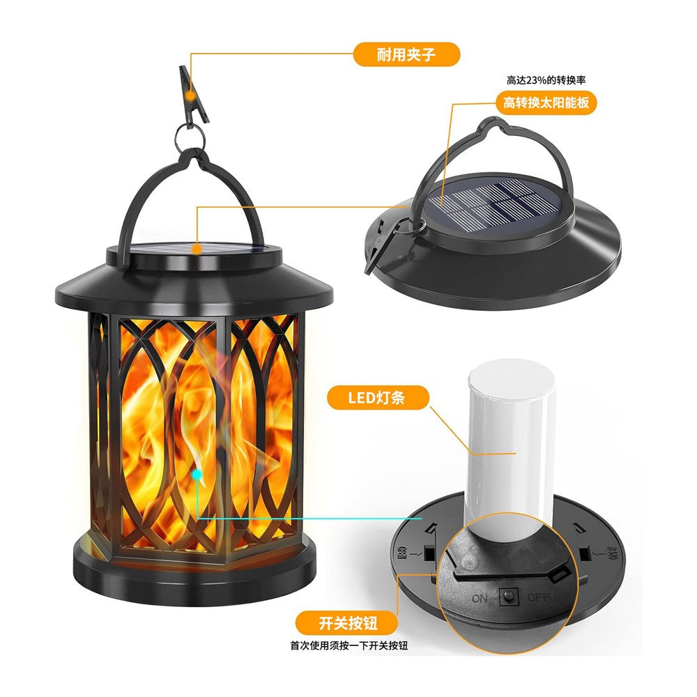 2Pcs Solar Flame Effect Lantern Design LED Flickering Light IP65 Waterproof Clip Hook Garden Light